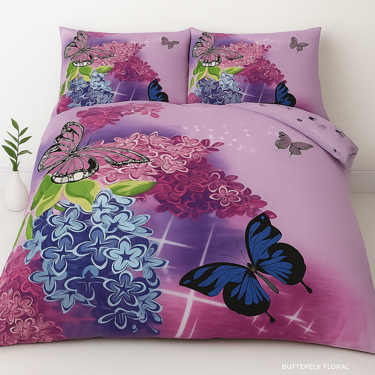 3D Butterfly Floral Print Duvet Set Cover & Pillow Cases