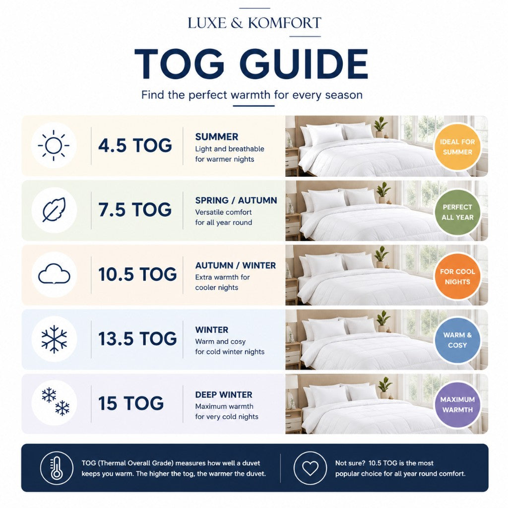 TOG guide — 4.5 summer, 7.5 all year, 10.5 cool nights, 13.5 winter, 15 deep winter — Luxe & Komfort