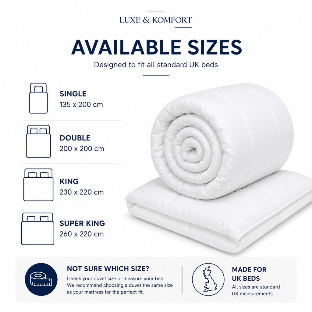 UK duvet sizes — Single 135x200, Double 200x200, King 230x220, Super King 260x220 cm — Luxe & Komfort