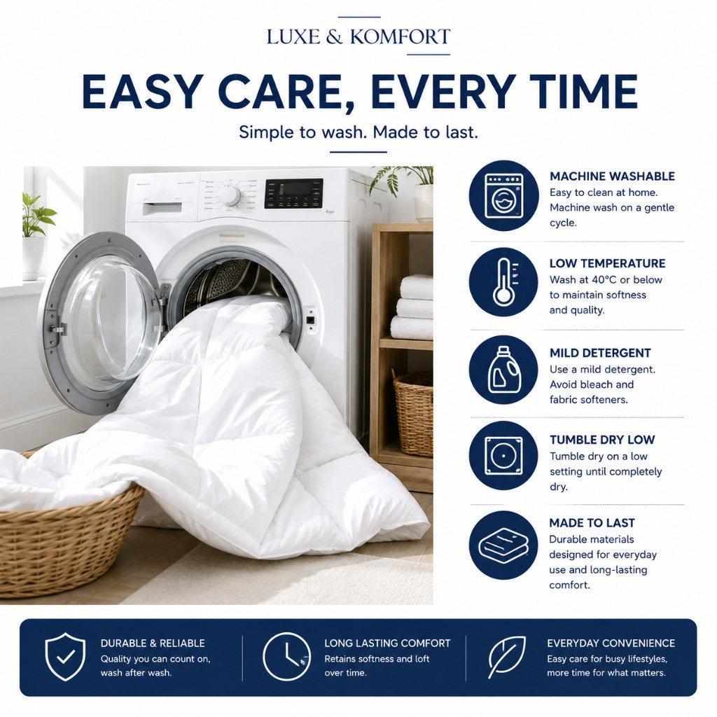 Easy care machine washable duvet — wash at 40°C or below, tumble dry low — Luxe & Komfort