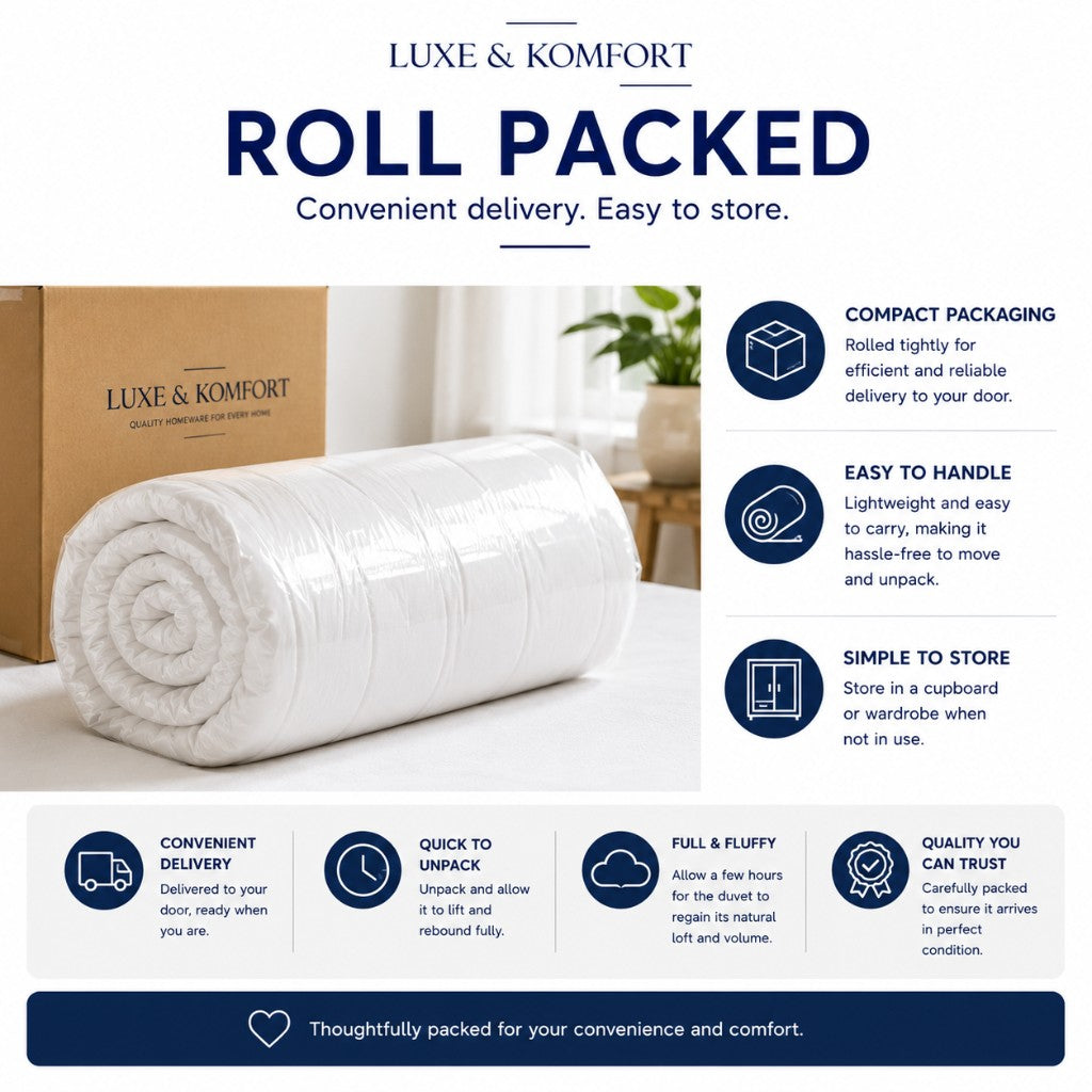 Roll packed hollowfibre duvet for compact UK delivery — unpack and allow loft to rebound — Luxe & Komfort