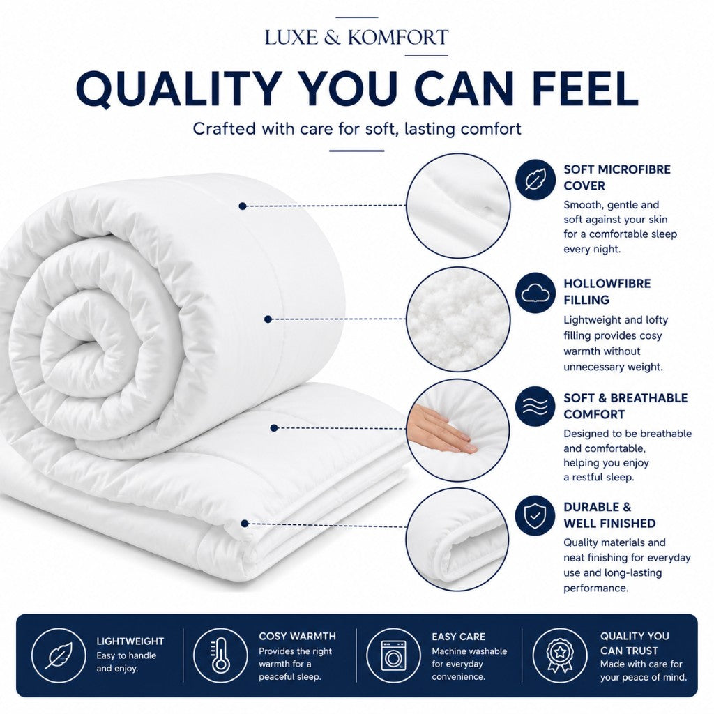 Quality you can feel — soft microfibre cover and lofty hollowfibre filling close-ups — Luxe & Komfort