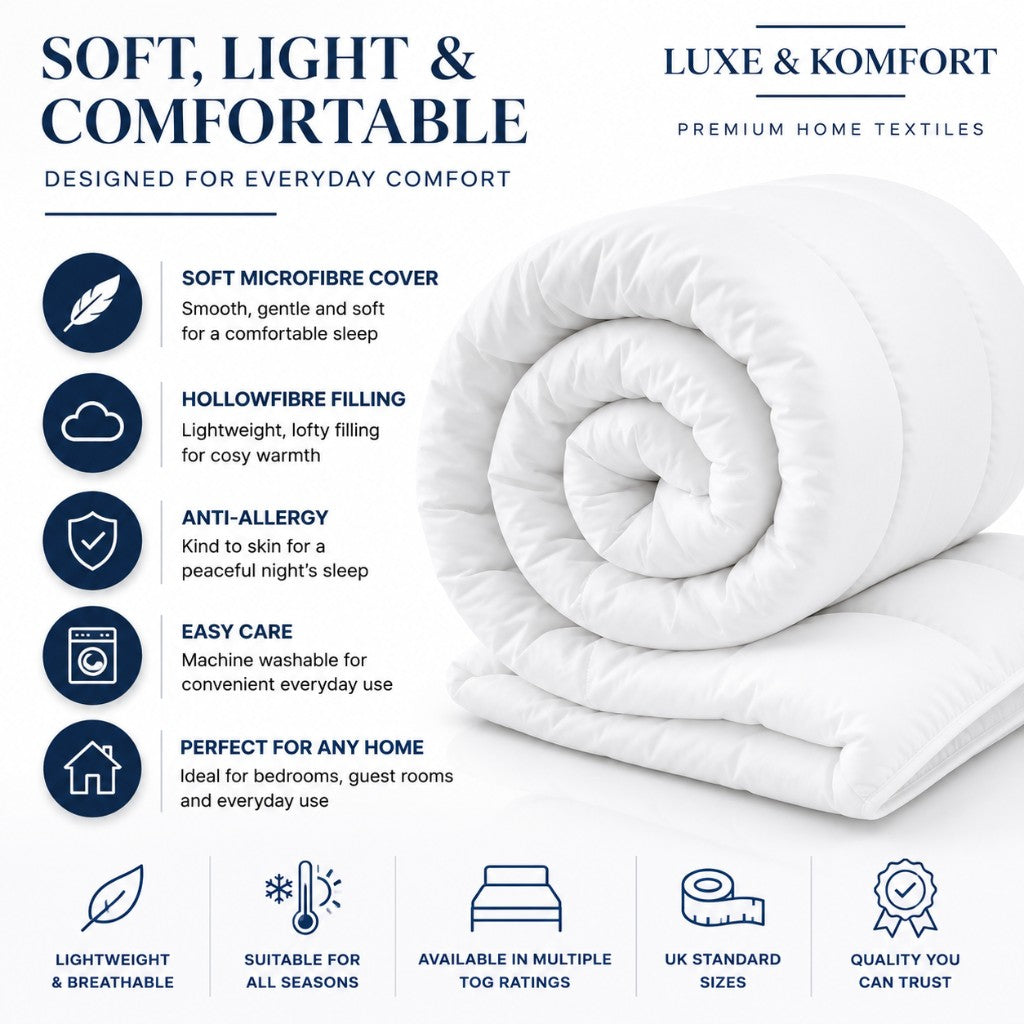 Soft microfibre cover, hollowfibre filling, anti-allergy, easy care duvet features — Luxe & Komfort