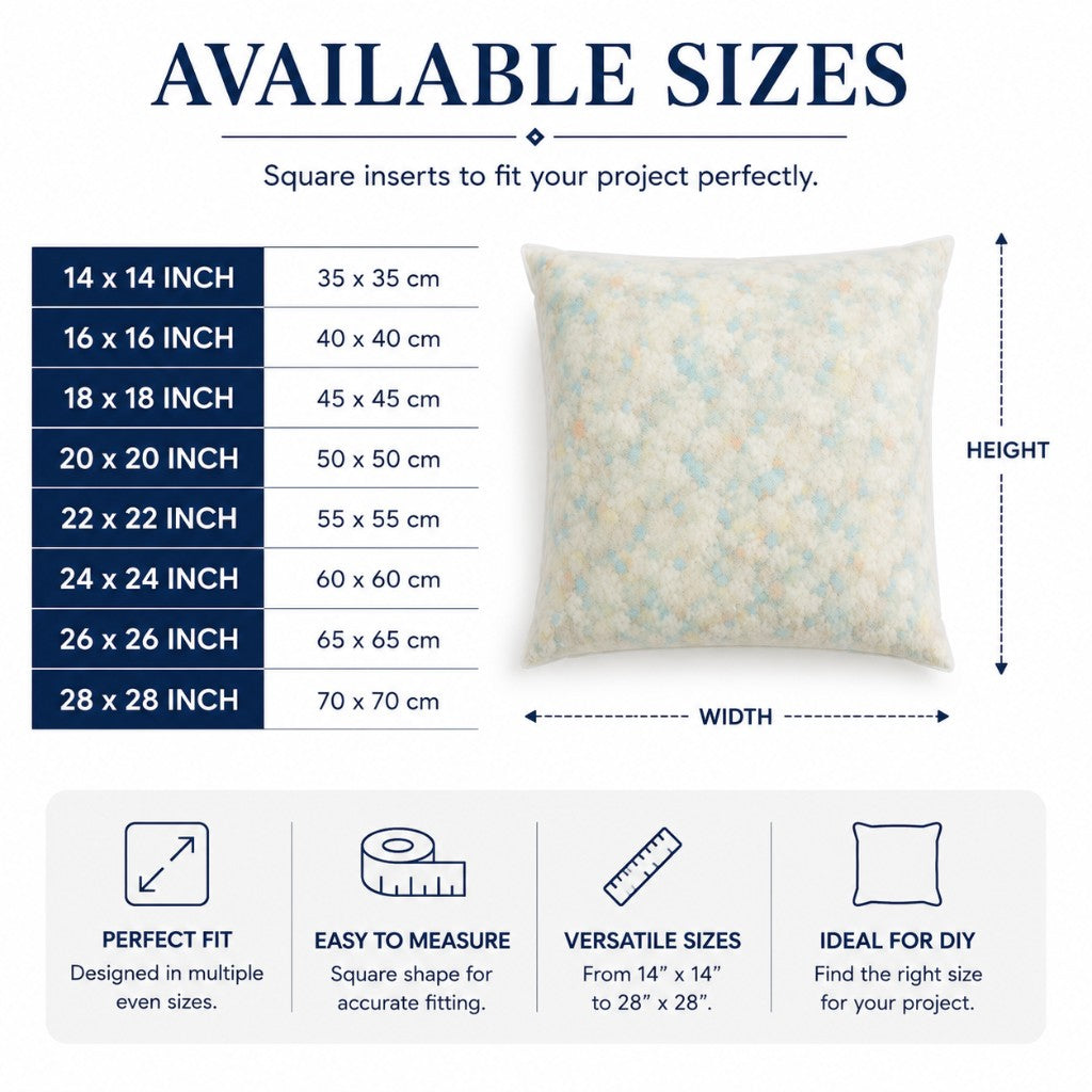Available sizes for foam crumb cushion inserts — 14 to 28 inch square with cm equivalents — Luxe & Komfort