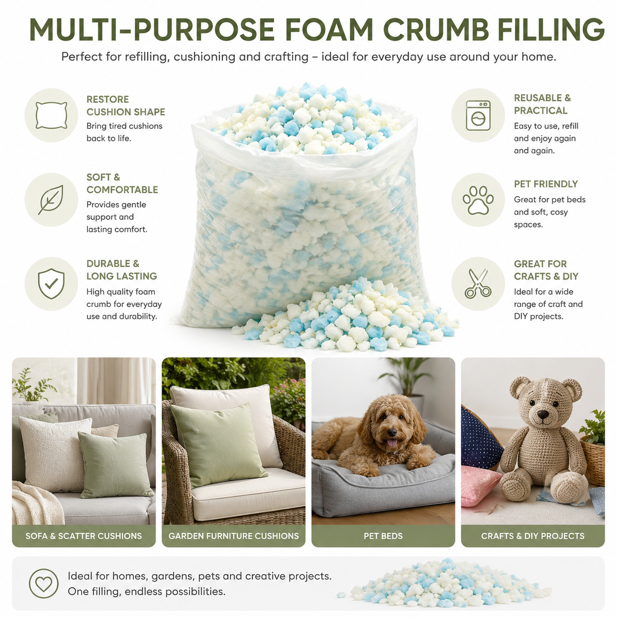 Foam crumb filling bag sizes 1 kg to 10 kg — Luxe & Komfort