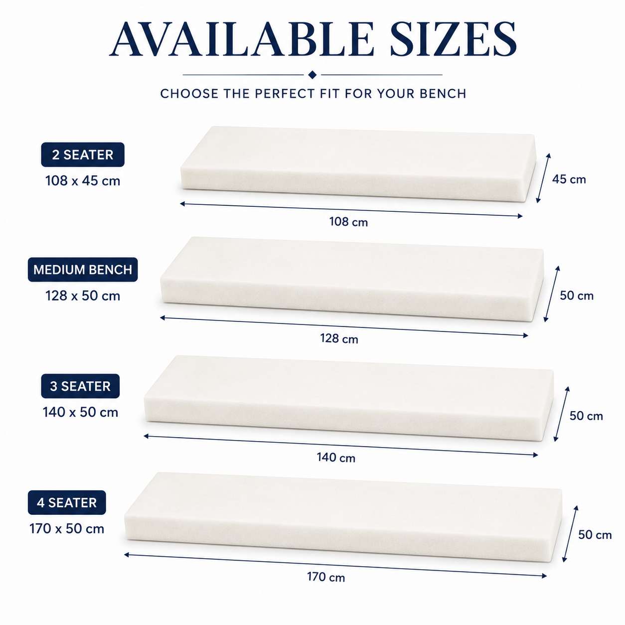 Four white garden bench foam pad sizes — 108, 128, 140 and 170 cm — Luxe & Komfort
