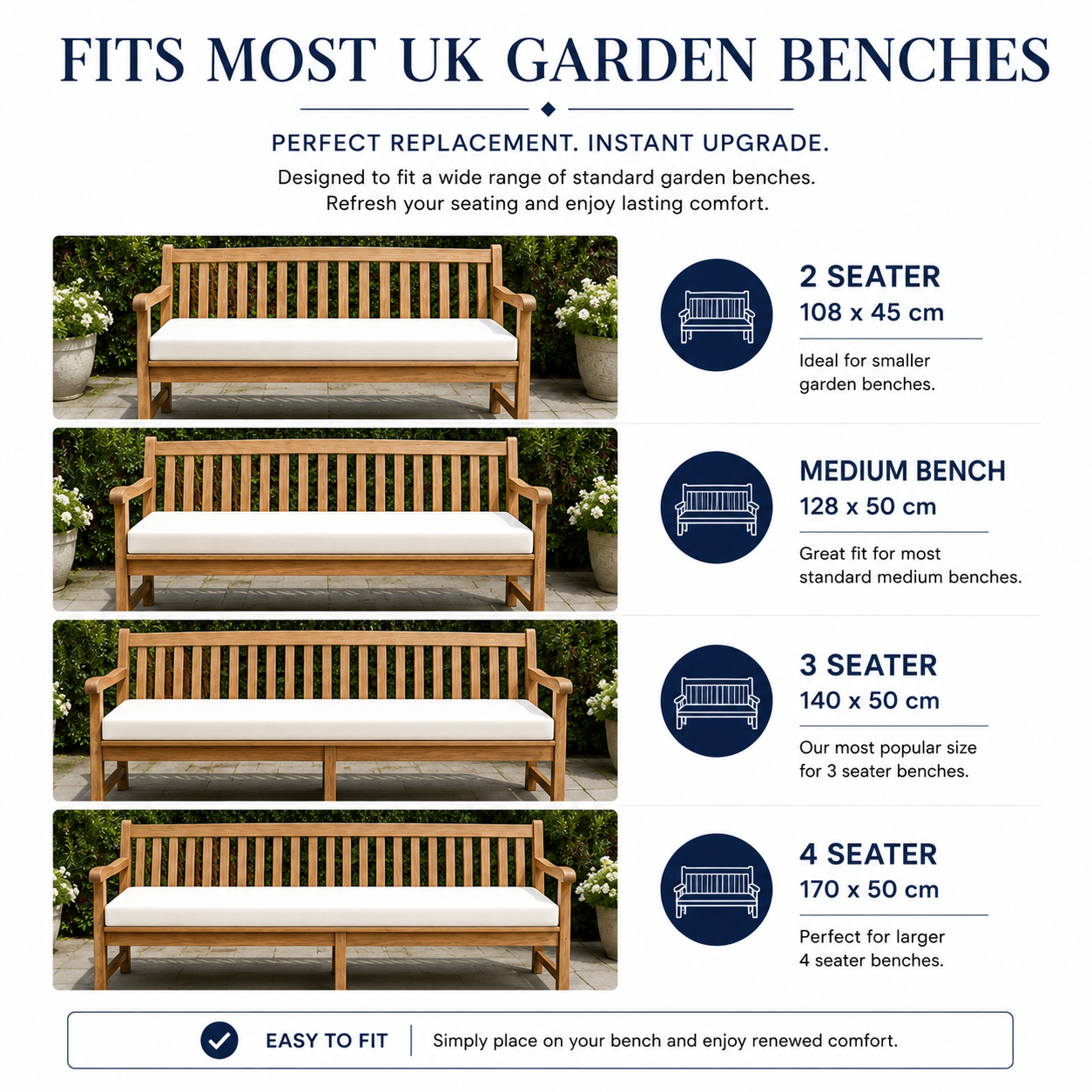 Garden bench foam pad size guide — 2, 3 and 4 seater UK dimensions — Luxe & Komfort