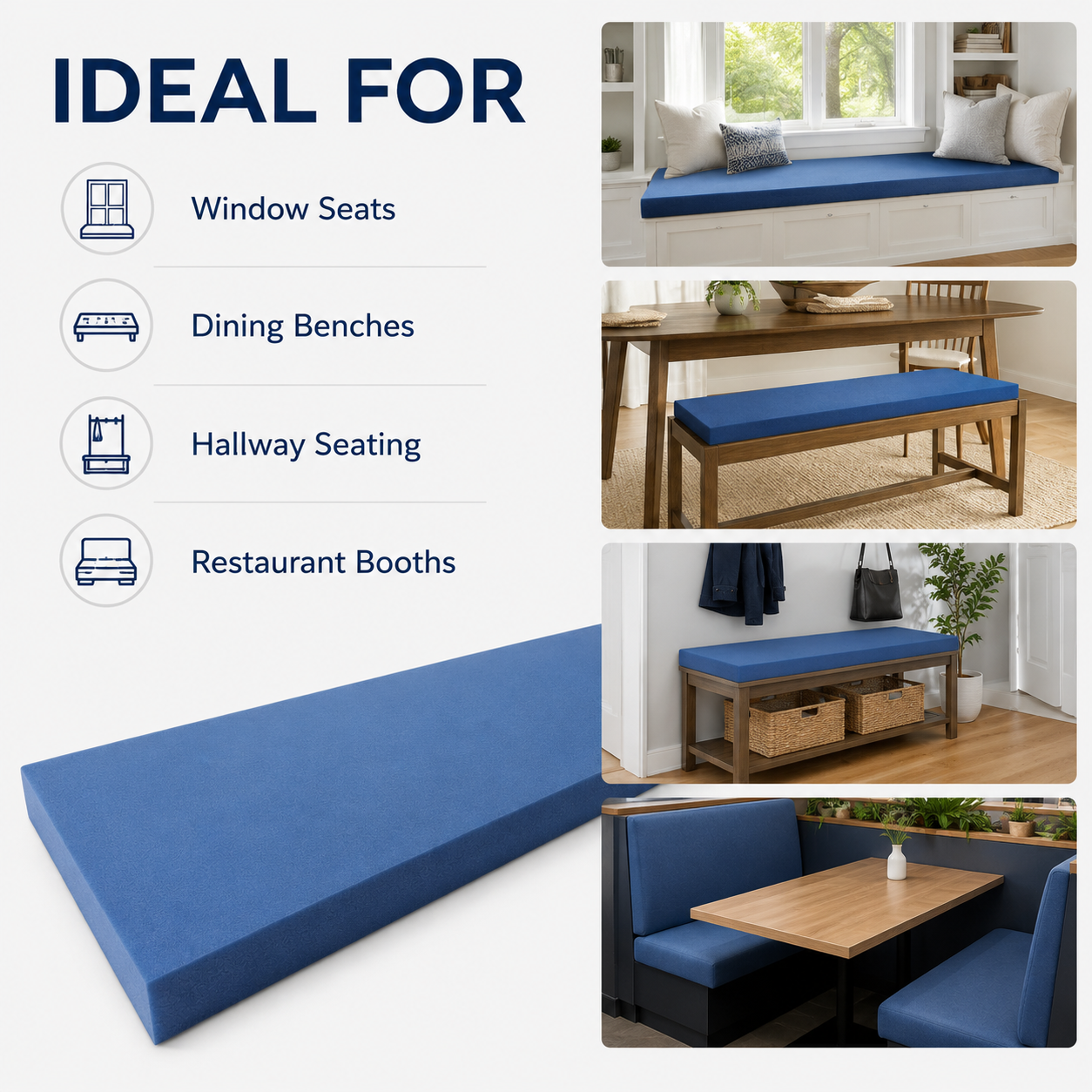 High Density Upholstery Foam Bench Cushion Replacement | Window Seat & Dining Bench Foam | Multiple Sizes Available