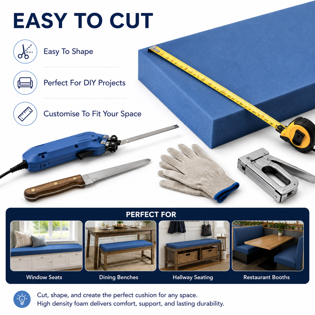 High Density Upholstery Foam Bench Cushion Replacement | Window Seat & Dining Bench Foam | Multiple Sizes Available
