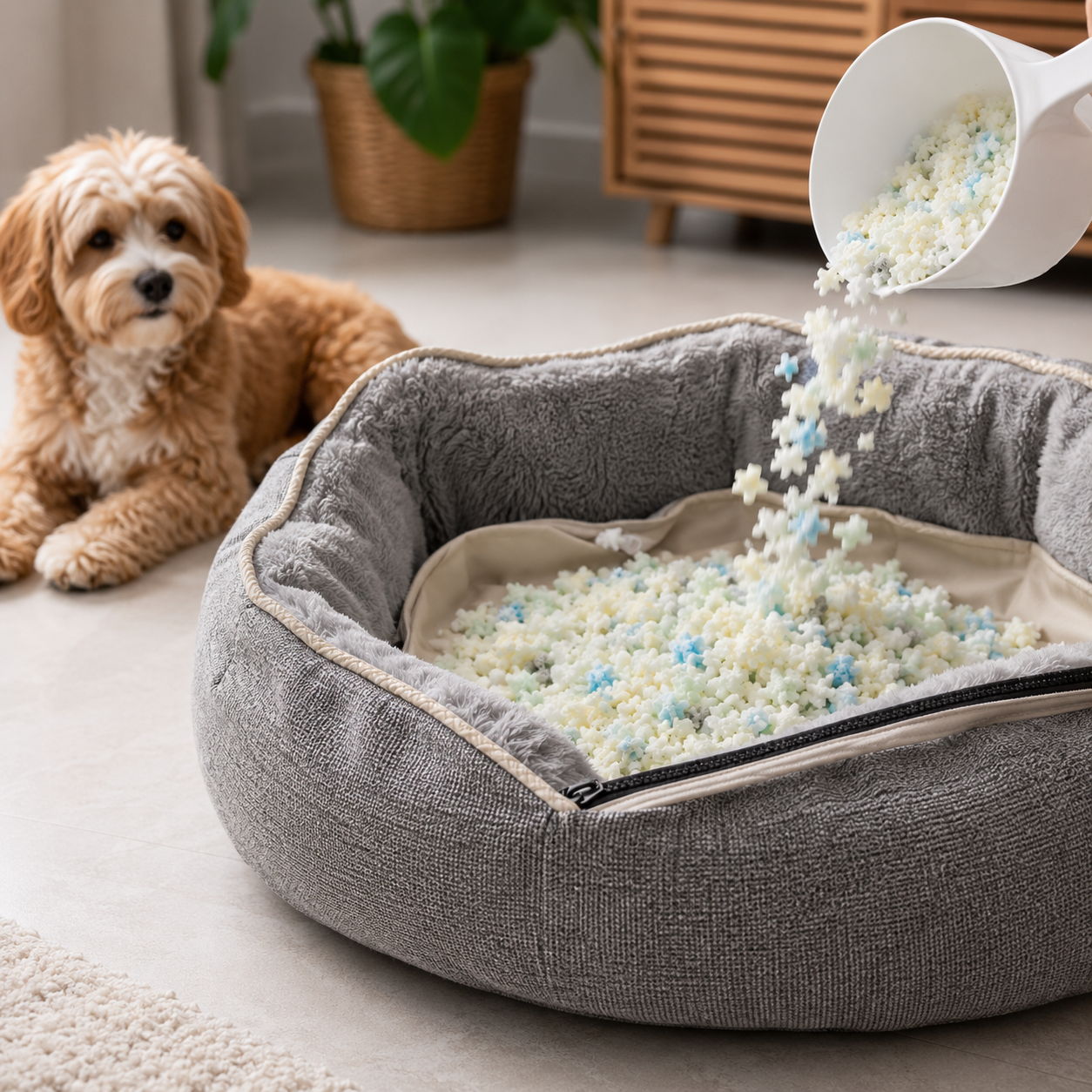 Refilling scatter cushion with foam crumb filling — Luxe & Komfort