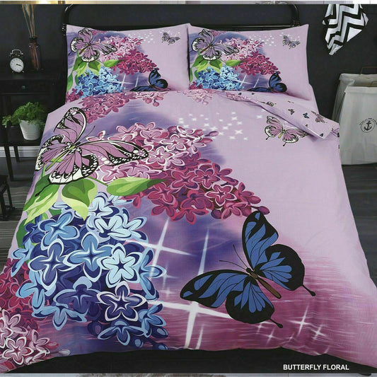 3D Butterfly Floral Print Duvet Set Cover & Pillow Cases